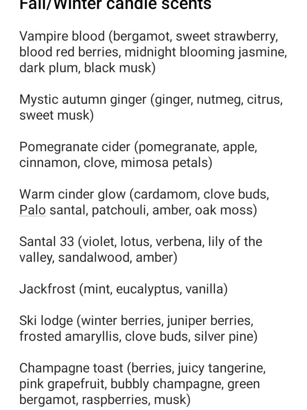 Fall/Winter Candle Scent List
